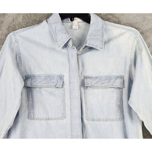 Forever 21 Dress Womens Medium Blue Light Denim Button Up Trumpet Sleeve Mini - Picture 6 of 13